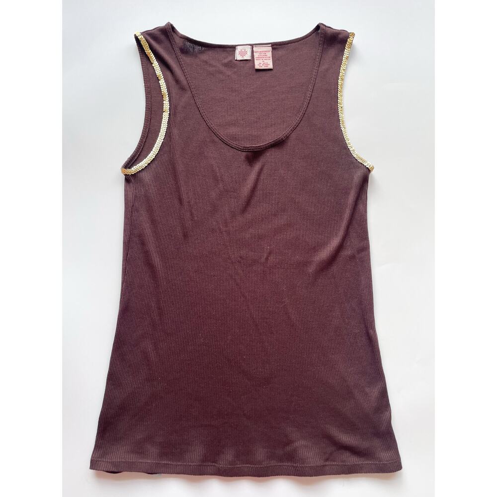 Vintage Y2K Brown with Gold Sequin Accent Ribbed Scoop Neck Tank Top Size Medium